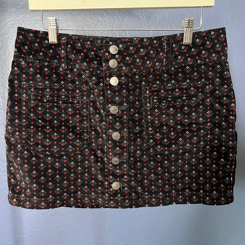 Free People We The Free Corduroy Button Front Mini Skirt Black Red Print Size 29